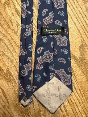Dior Navy Silk Paisley Tie with Red and Light Blue Accents